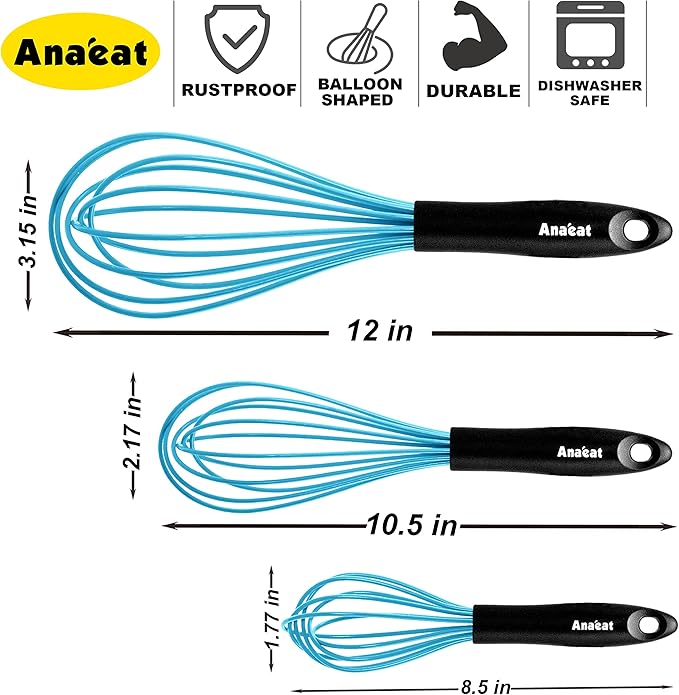 Anaeat Silicone Balloon Whisk, Perfect for Non-Stick Cookware, Milk and Egg Beater Blender, Heat Resistant Kitchen Whisks for Whisking, Cooking, Baking, Beating, Frothing & Stirring (Blue)