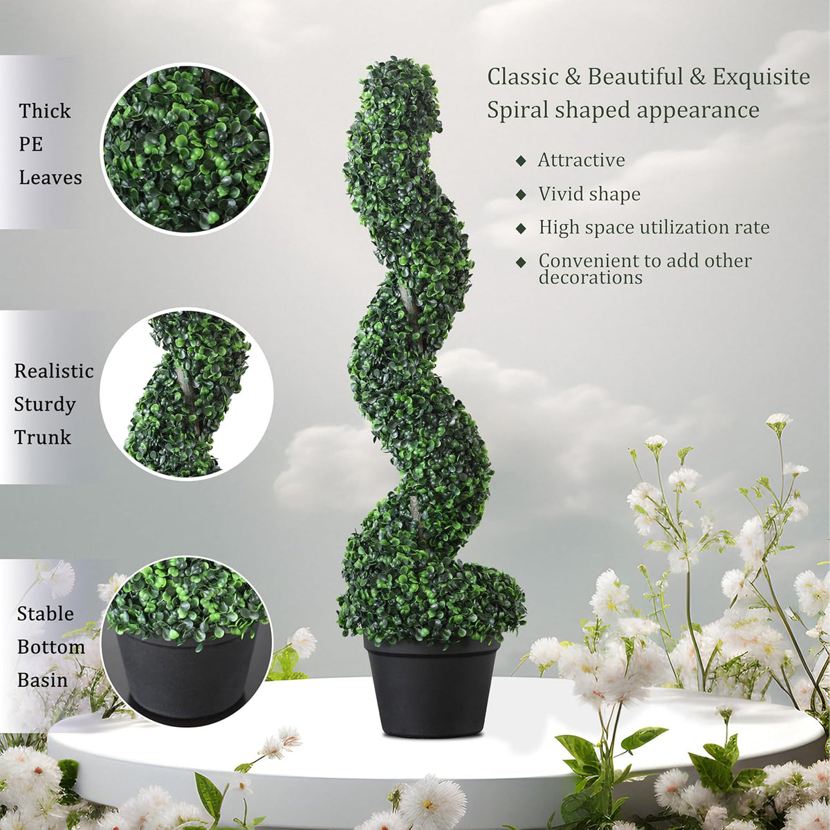 39 inchBoxwood Artificial Cedar Spiral Topiary Trees – Decorative Fake Greenery in Planter Pots for Front Porch, Outdoor Walkway, Entryway Decorating, Set of 2