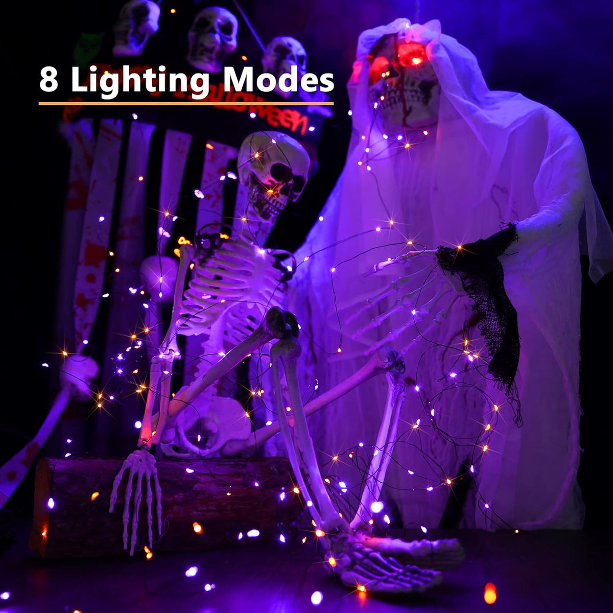Brizled Orange & Purple Halloween Lights, 2 Pack Total 78FT 240 LED Solar Halloween Fairy Lights, 8 Modes Outdoor Orange Fairy Light, Purple Twinkle Light String Black Wire Outside Spooky Decorations