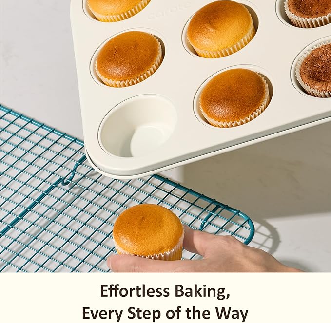 CAROTE 6-Piece Ceramic Baking Pans Set, Aluminized Steel Bakeware Sets, Toxin-Free Nonstick Stackable Oven Pans with Cookie Sheet, Muffin Pan, Loaf Pan, Round & Square Cake Pan, Cooling Rack