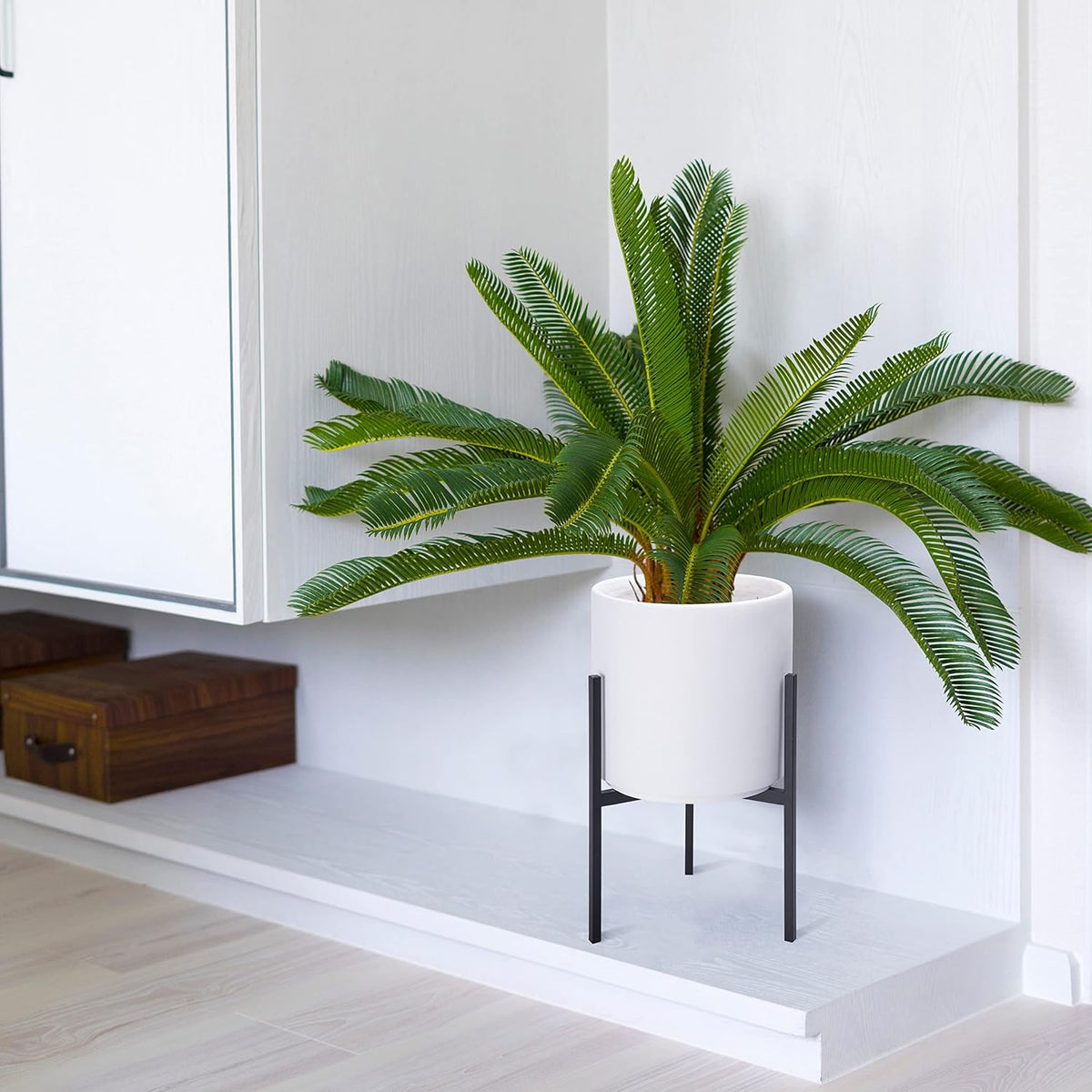 D'vine Dev Modern White Plants Pot Cylinder Planter with Heavy Duty Stand, Small 8 Inch Pot, 15 Inch with Stand Height, 96-T-A-1