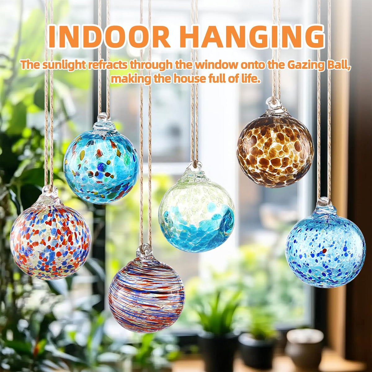 VOREEN Set 6 Hand-Blown Glass Ornaments Balls Witches Ball Hanging Glass Gazing Ball Friendship Balls for Outdoor Garden Patio Window Home Décor, Gift for Mom Wife Friend