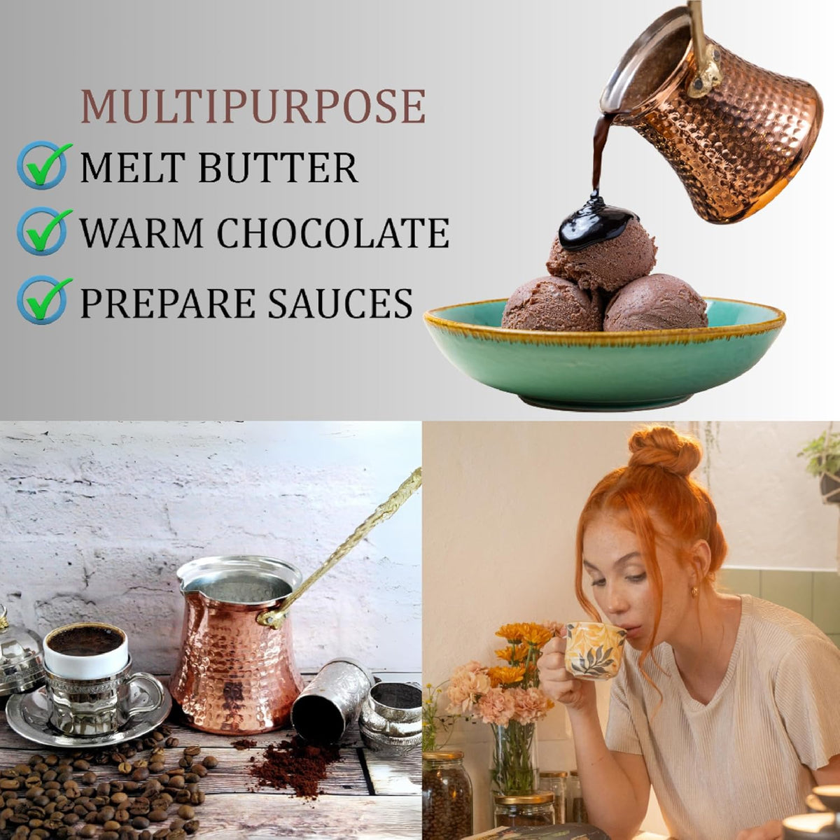 Hakan Turkish Coffee Pot | Stove Top Water Boiler, Coffee Maker, Butter, Chocolate & Milk Warmer | Even and Quick Heat with Handcrafted Copper Material | Coffee Gifts Idea, 6.5 Oz (190 cc)