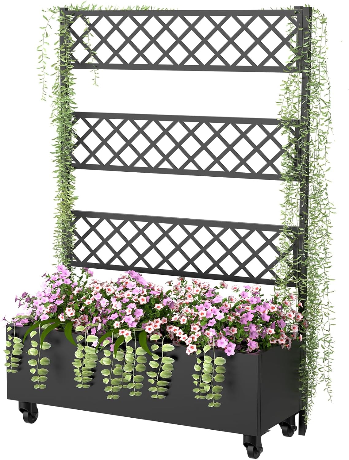 Metal Planter Box with Trellis Privacy Screen, 67"x41"x16" Raised Garden Bed with Trellis, Privacy Planter Boxes, with Planting Bag & Lockable Casters for Climbing Plants,Vegetables,and Vines