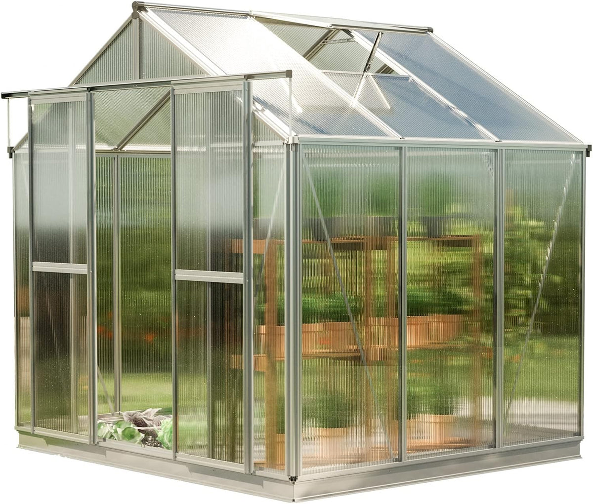 Greenhouse Saphir 3 Aluminum Frame 8.5 x 6.4 ft Approx. 8 mm Polycarbonate Panels - with Bonus Base Frame and Automatic Vent Opener