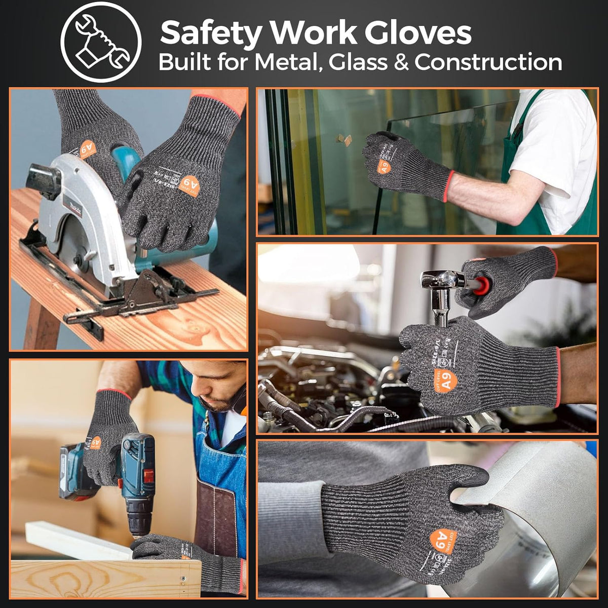Donfri 3 Pairs A9 Cut Resistant Work Gloves for Men - Steel + HPPE Hybrid Safety Gloves for Men, ANSI Cut Level 9 Protection Flexible for Metal Glass Wood Construction Fishing