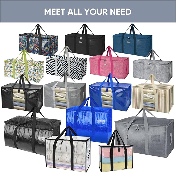 BALEINE 4-Pack Oversized Moving Bags with Reinforced Handles, Heavy-Duty Storage Tote Moving Supplies for Packaging, Camping (Color Stripe, 4-Pack)