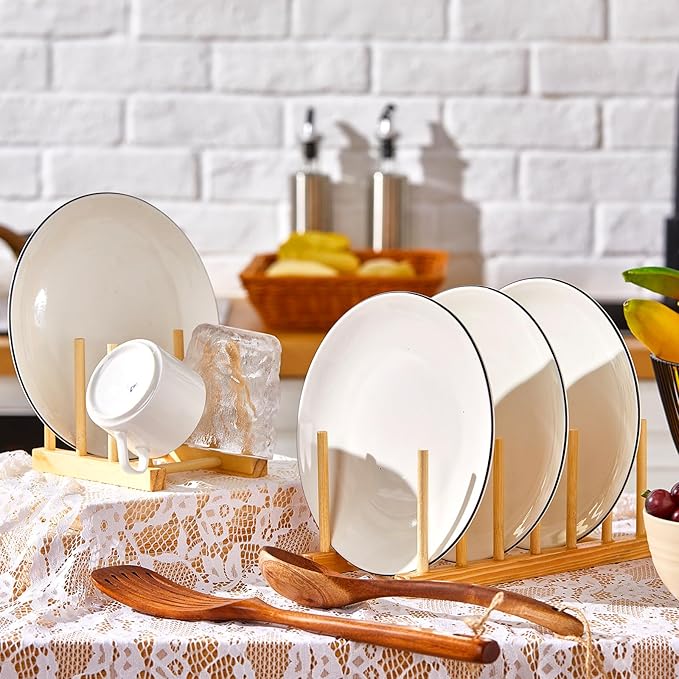 Zopeal 9 Pcs Bamboo Wooden Plate Racks Dish Rack Stand Holder 3/6/ 7 Slots Drainboard Drying Drainer Kitchen Cabinet Organizer for Dish Plate Bowl Cup Pot Lid Book