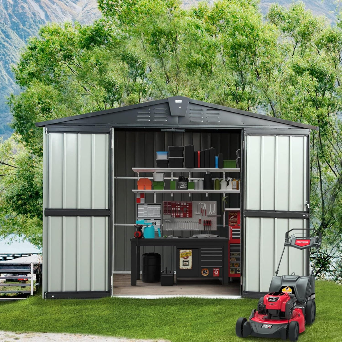 Domi Outdoor Storage Shed 6.5’ x 4.2’, Metal Garden Shed with Galvanized Steel Frame for Bike, Tools, Lawn Mowers, Outdoor Storage Cabinet with Lockable Door for Garden Lawn Patio (Dark Grey)