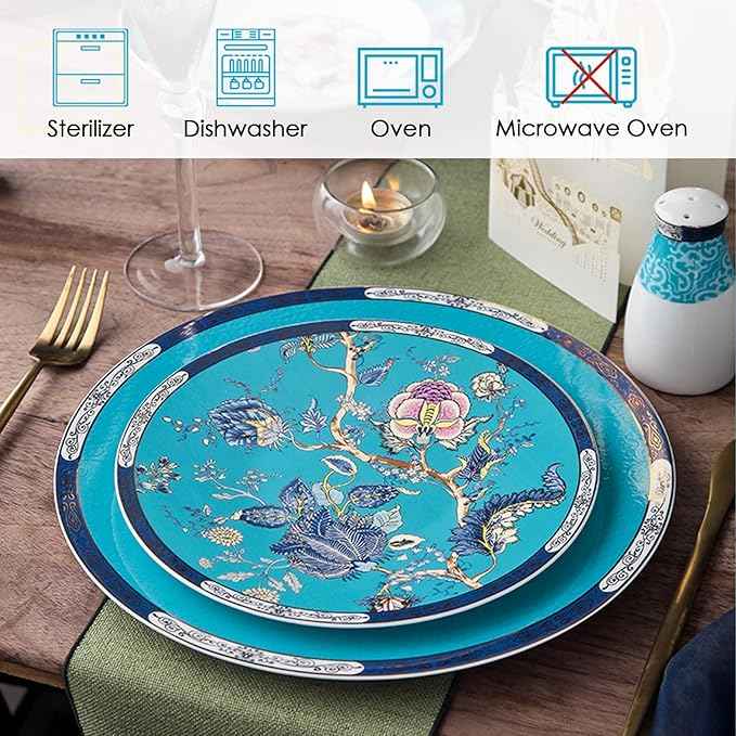 ACMLIFE Bone China Dinnerware Set for 4, 12-Piece Vintage Floral Dinnerware Set, Kitchen Plates and Bowls Set, Fine China Set Gifts Mother's Day, Dinnerware Sets Blue and White for Women (Blue)