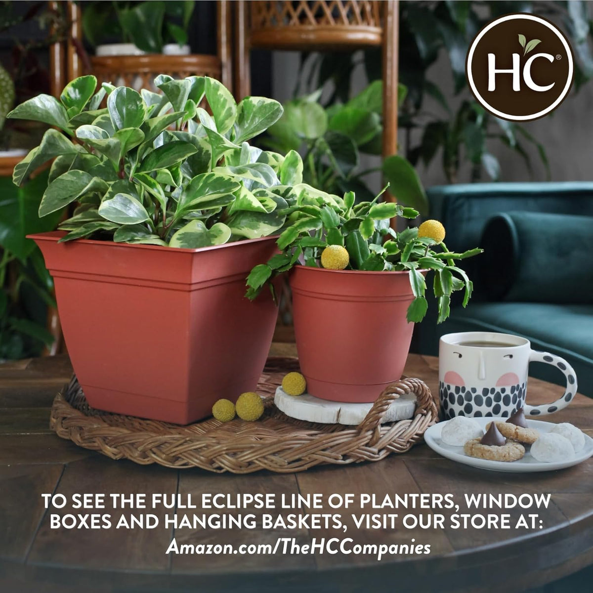 The HC Companies Eclipse Round Planter with Saucer - Outdoor & Indoor Plant Pot with Drainage Holes - Lightweight, UV-Resistant Plastic Pots for Plants, Flowers & Herbs (10" Cottage Stone, Pack of 1)