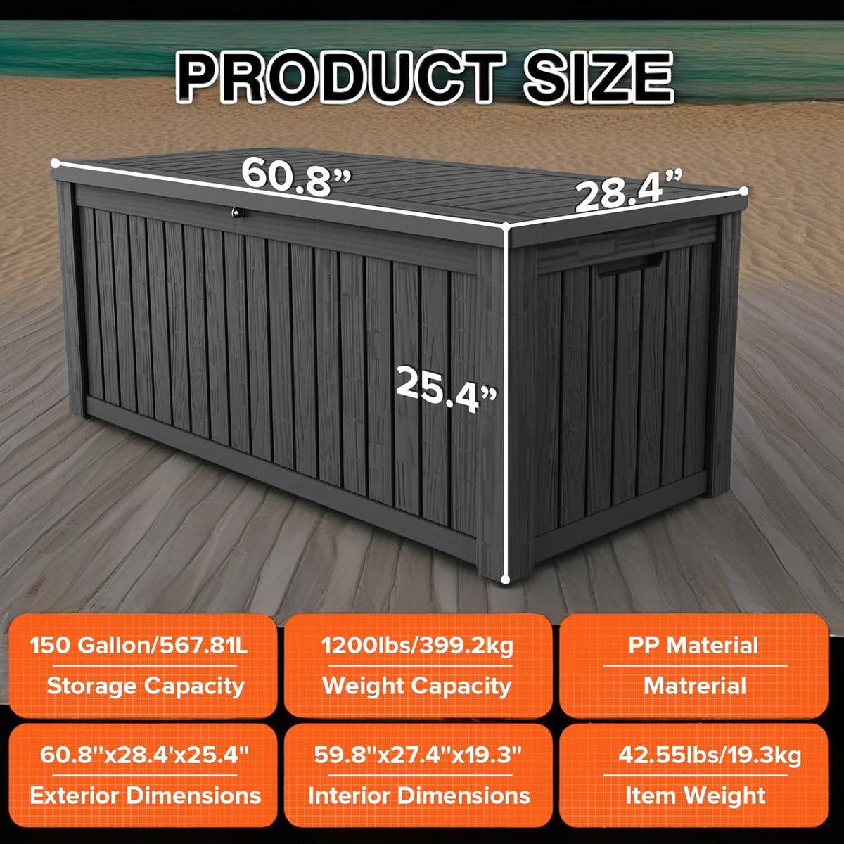 152 Gallon Deck Box Waterproof, UV Resistant Resin Outdoor Storage Box with Hydraulic Rod, Lockable Design and Enhanced Durability for Patio, Garden, and Poolside Use