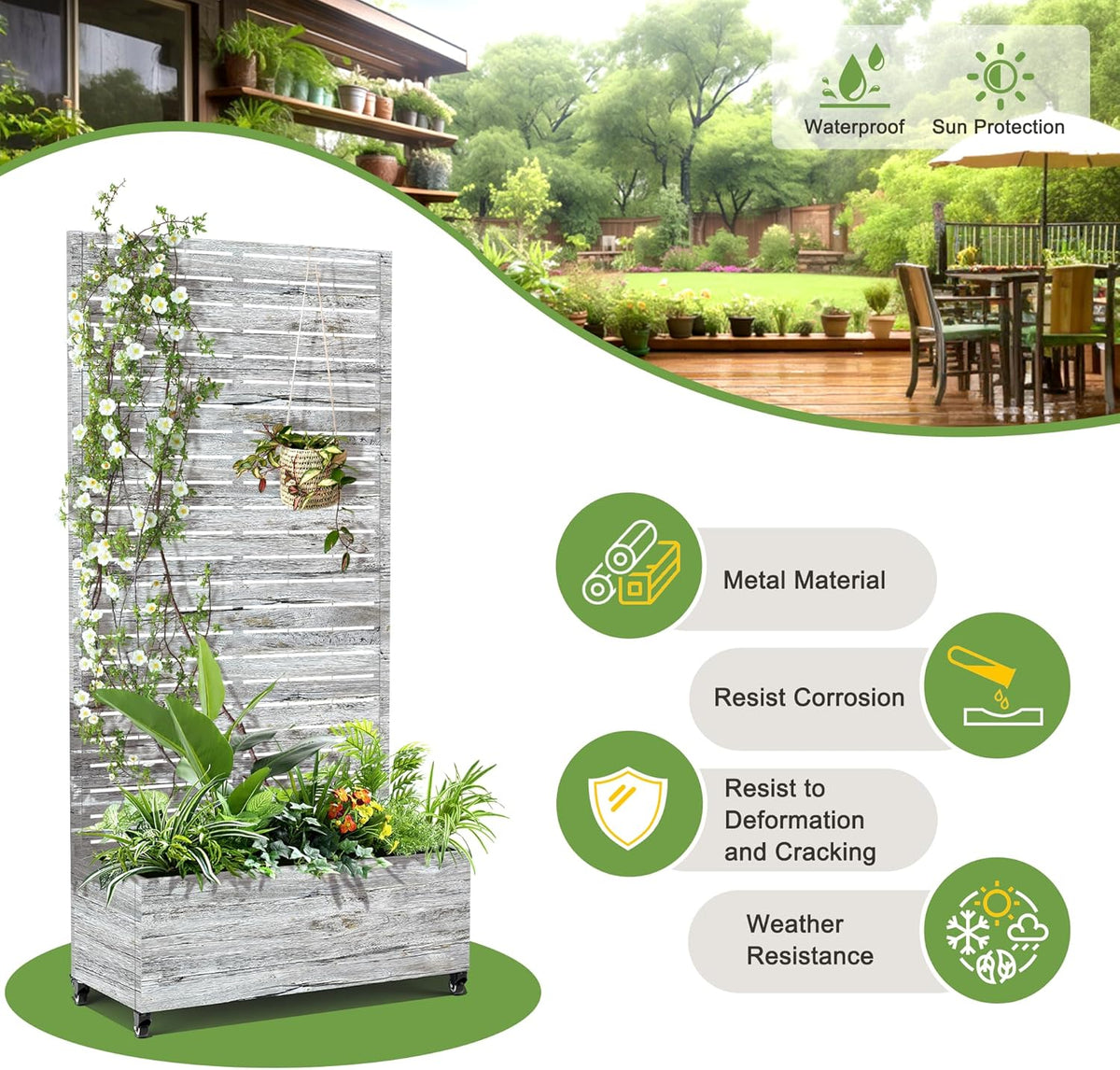 FENCY Metal Raised Garden Bed with Wheels and Trellis,73"x35"x16" Planter Box for Climbing Plants, Vegetables & Vines, Features Privacy Screen and Drainage Holes (White Wood Color)
