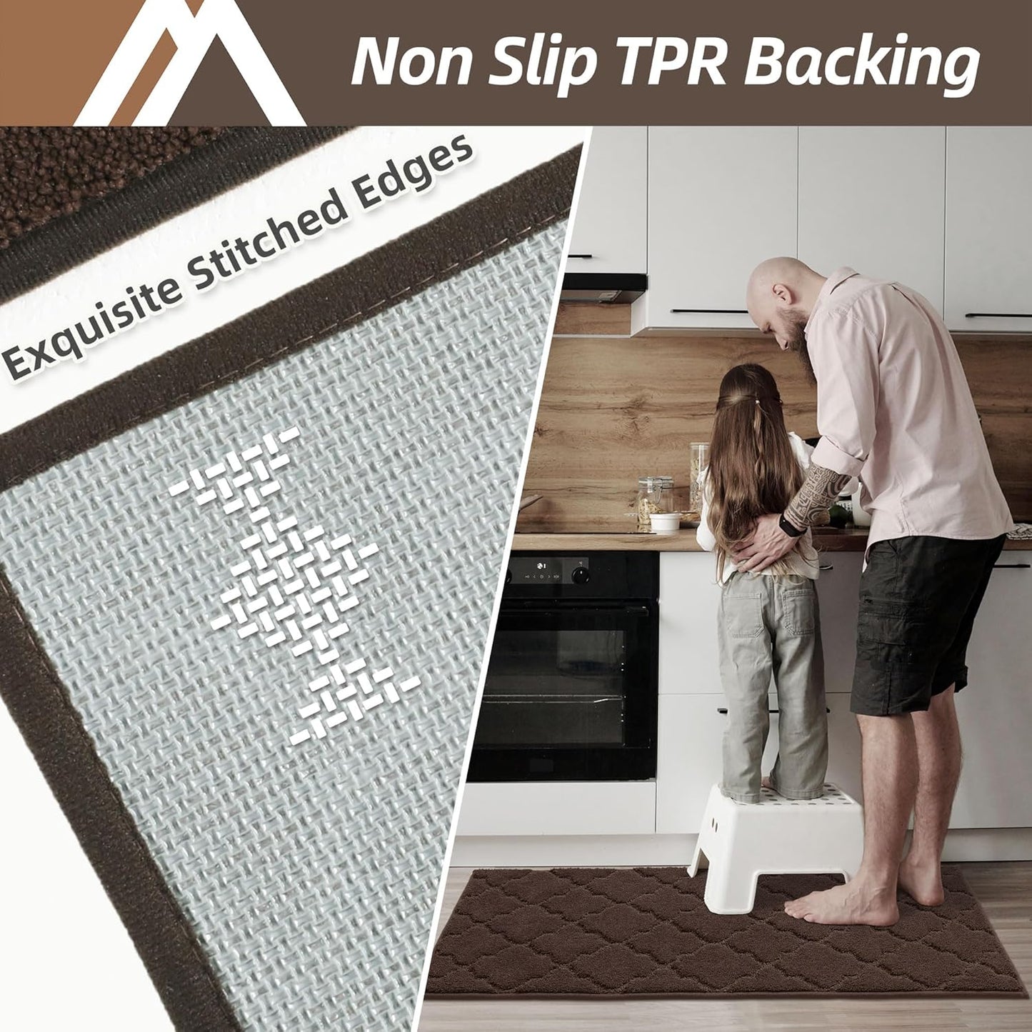 COSY HOMEER Soft Kitchen Rugs [2 PCS] for in Front of Sink Super Absorbent Kitchen Floor Mats and Mats 24x35 Inch/24X60 Non-Skid Kitchen Mat Standing Mat Washable,Polyester,Brown