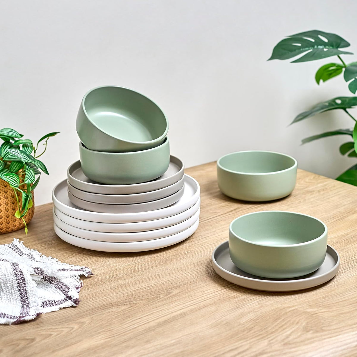 Sango Rollo Alta 12-Piece Modern Stoneware Dinnerware Set- Sage/Sand/White, Includes Dinner & Salad Plates, Cereal Bowls, Microwave & Dishwasher Safe, Highly Chip and Crack Resistant, Service for 4