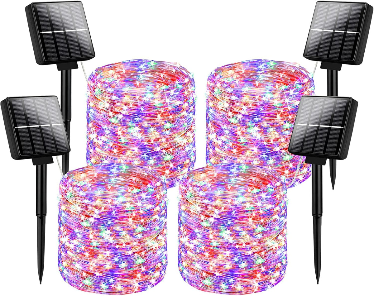 Brightever 4-Pack Solar Outdoor String Lights 288FT, Each 72FT 200 LED Solar Powered Multicolored Fairy Lights Waterproof, 8 Modes RGB Twinkle Lights for Christmas, Halloween Decorations