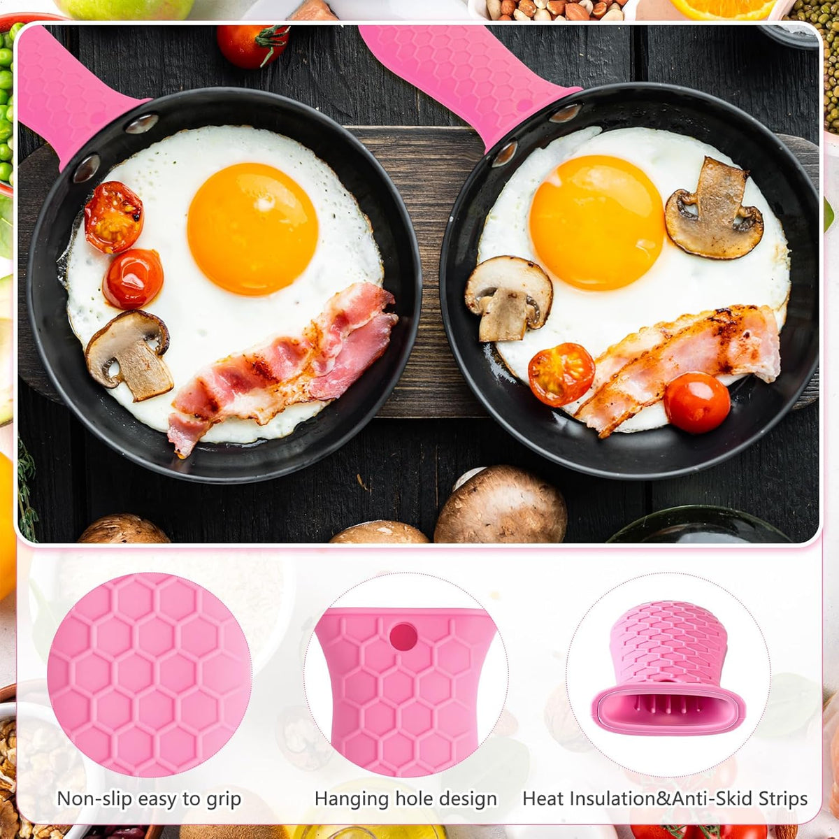 Patelai 2pcs Silicone Handle Cover for Cast Iron Skillet Kitchen Silicone Handles for Pots and Pans Non-Slip Pot Holder Sleeve for Fry Pan Griddles Metal Aluminum Cookware(Pink)