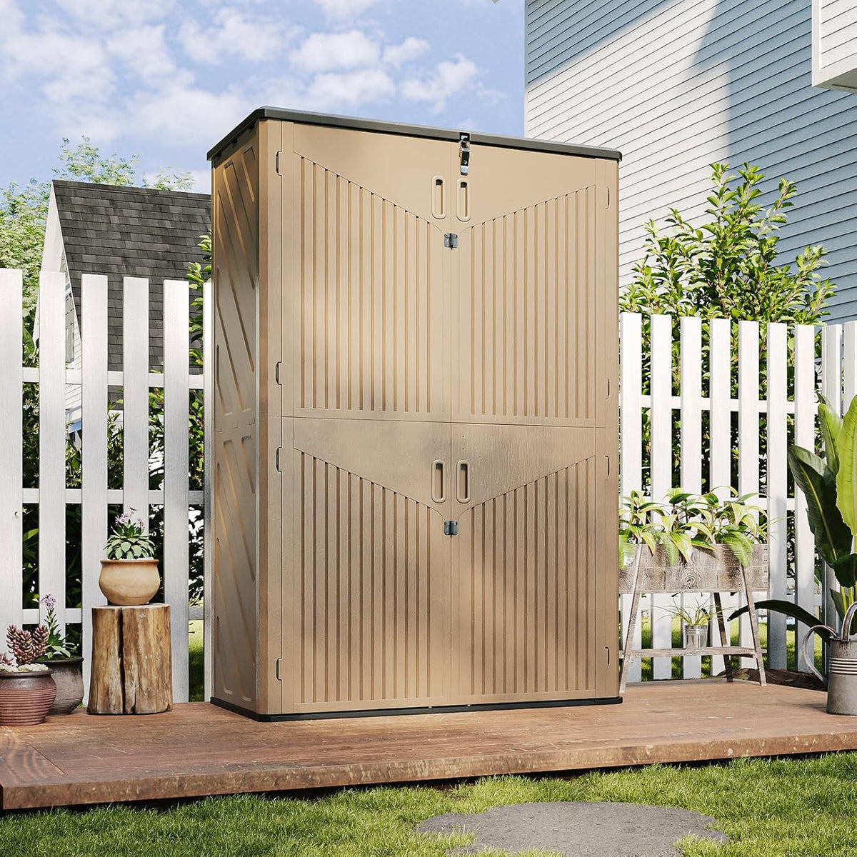 Aoxun Outdoor Storage Shed, 64 Cu.Ft Vertical Storage Sheds Outdoor with Floor, Outdoor Waterproof Storage Cabinet for Garage Storage, Pool Storage, Bike Shed, Garden Shed (Brown)