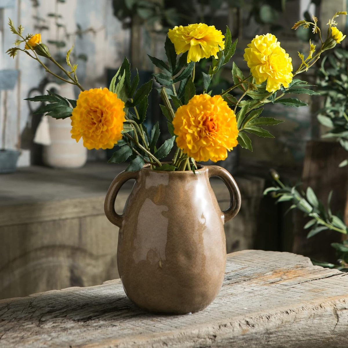 Brown Ceramic Vase with 2 Handles, Modern Farmhouse Decor, Rustic Terracotta Pottery, Decorative Flower Vases, Clay Small Vase, Centerpiece for Dining Table - 7 Inch Tall