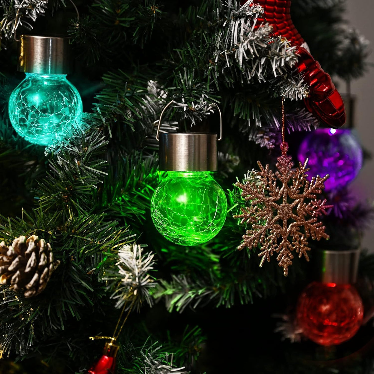 8 Pack Solar Lanterns, Christmas Decoration Lights with Multi-Color Changing Cracked Glass Hanging Ball Solar Outdoor Lights Waterproof Hanging Light for Garden, Yard, Patio, Lawn