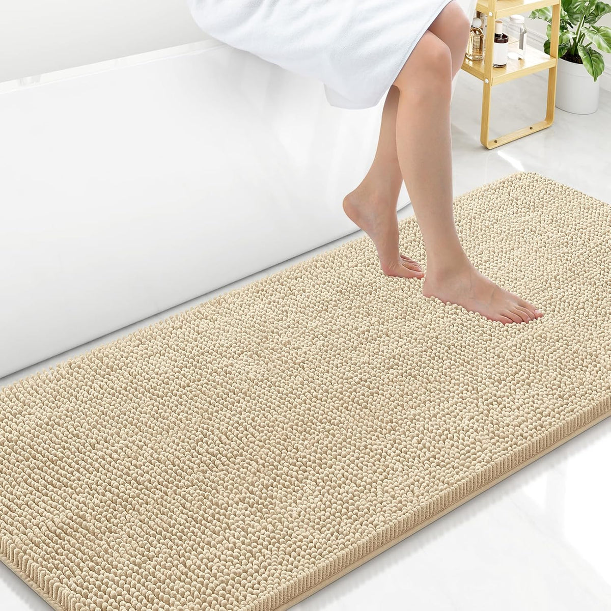 Arotive Bathroom Rugs 59x24, Extra Soft Absorbent Shaggy Chenille Bath Rugs, Machine Washable Rubber Backing Non-Slip Bath Mats for Bathroom Floor Tub and Shower, Home Decor Accessories, Beige