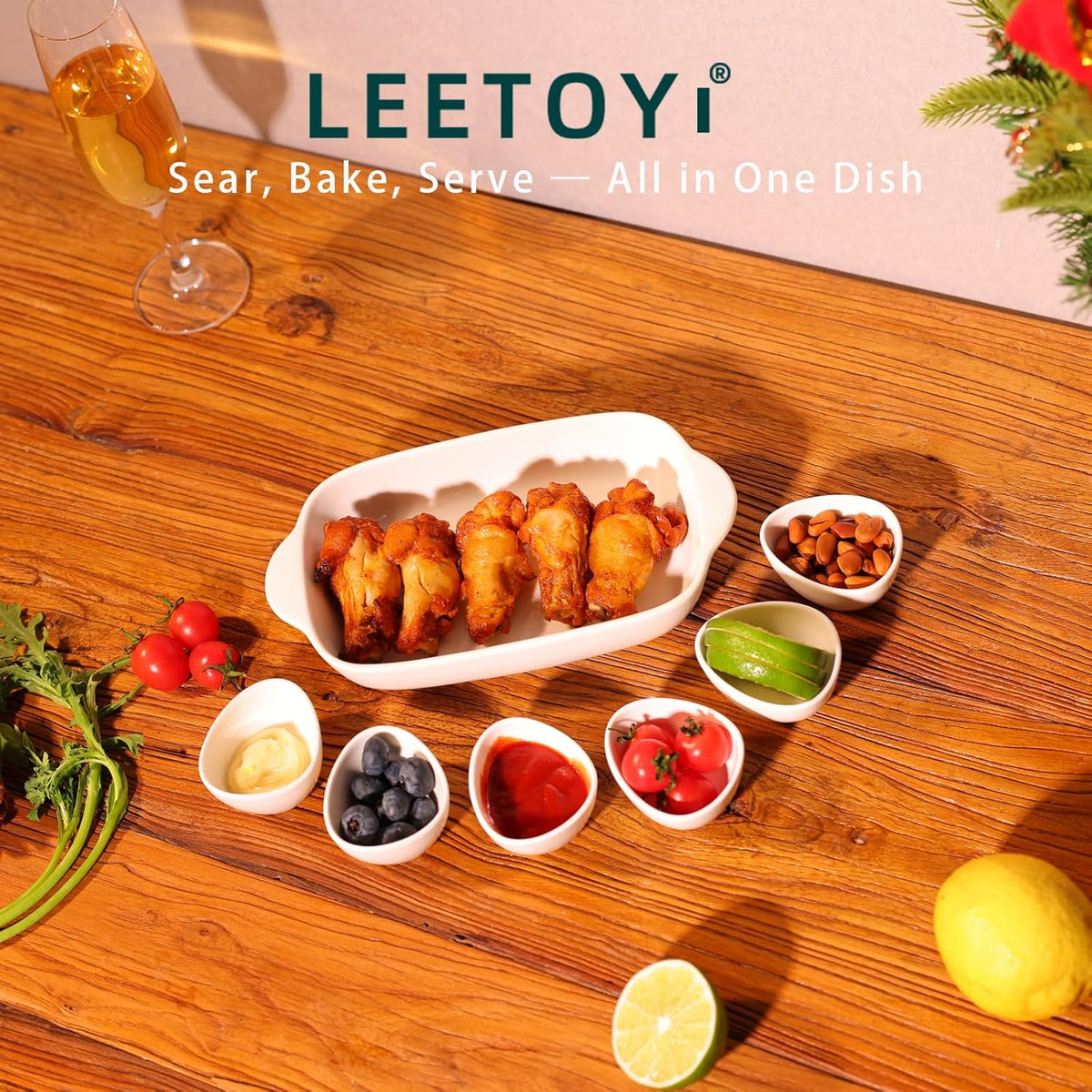 LEETOYI Ceramic Small Baking Dish, Porcelain 2-Piece Rectangular Bakeware with Double Handle, Baking Pans for Cooking and Cake Dinner 7.5"×5 (White)