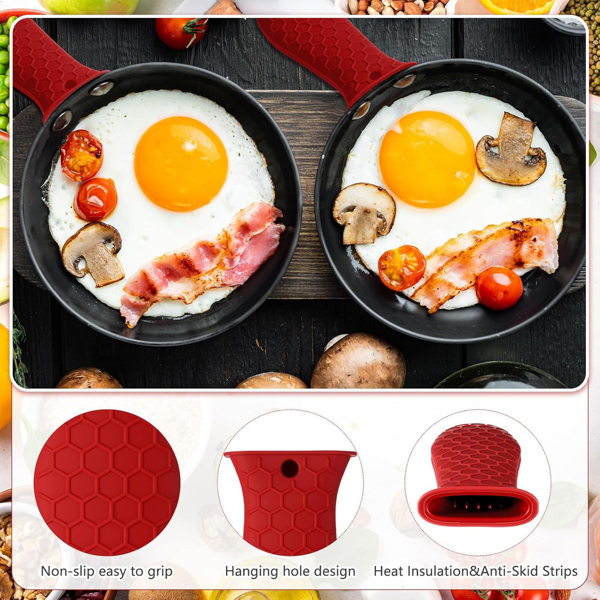 Patelai 2pcs Silicone Handle Cover for Cast Iron Skillet Kitchen Silicone Handles for Pots and Pans Non-Slip Pot Holder Sleeve for Fry Pan Griddles Metal Aluminum Cookware(Red)