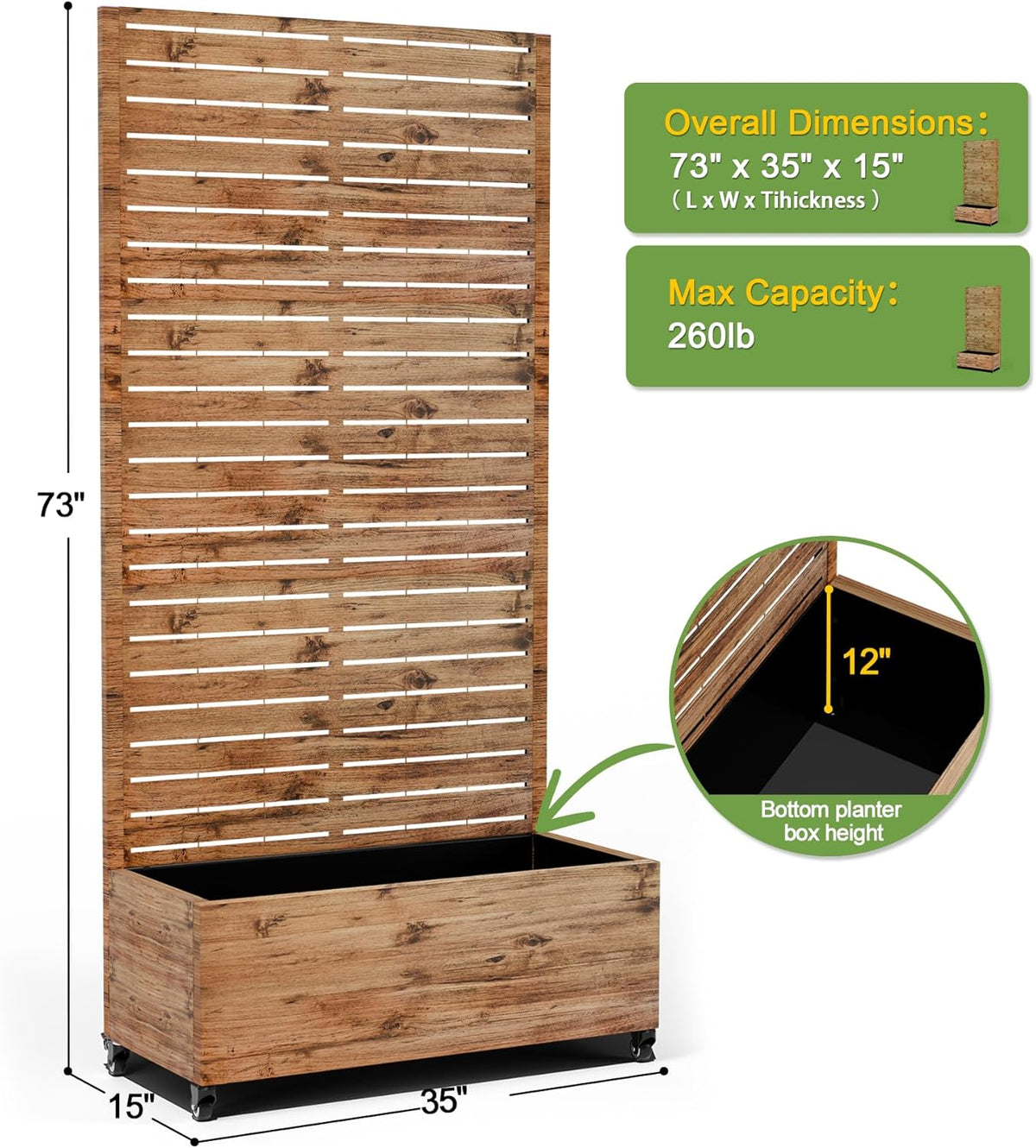 FENCY Metal Raised Garden Bed with Wheels and Trellis,73"x35"x16" Planter Box for Climbing Plants, Vegetables & Vines, Features Privacy Screen and Drainage Holes (Wood Color)