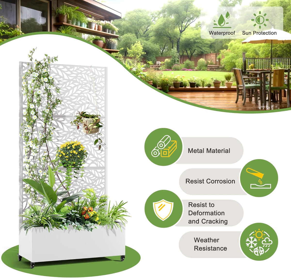 FENCY Metal Raised Garden Bed with Wheels and Trellis,73"x35"x16" Planter Box for Climbing Plants, Vegetables & Vines, Features Privacy Screen and Drainage Holes (White-Leaf)