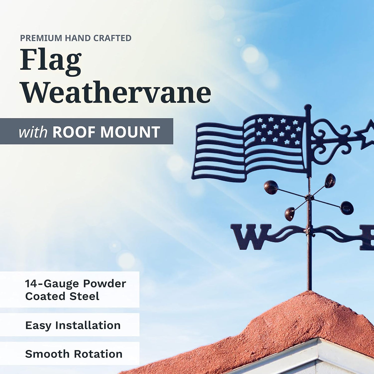 EZ Vane Steel USA Flag Weathervane 21” Height, Includes Metal Roof Mount, Wind Cups & Brackets | Hand-Crafted and Family-Owned, Made in The USA with Triple Powder Coating, Limited