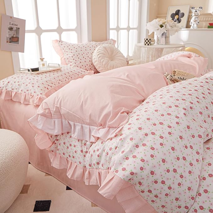 Pink Floral King Comforter Set Chic Flower Bedding Ruffled Comforter Set King Vintage Garden Floral Comforter with Lace Reversible Flower Botanical Comforter Fluffy All Seasons Bedding Set King
