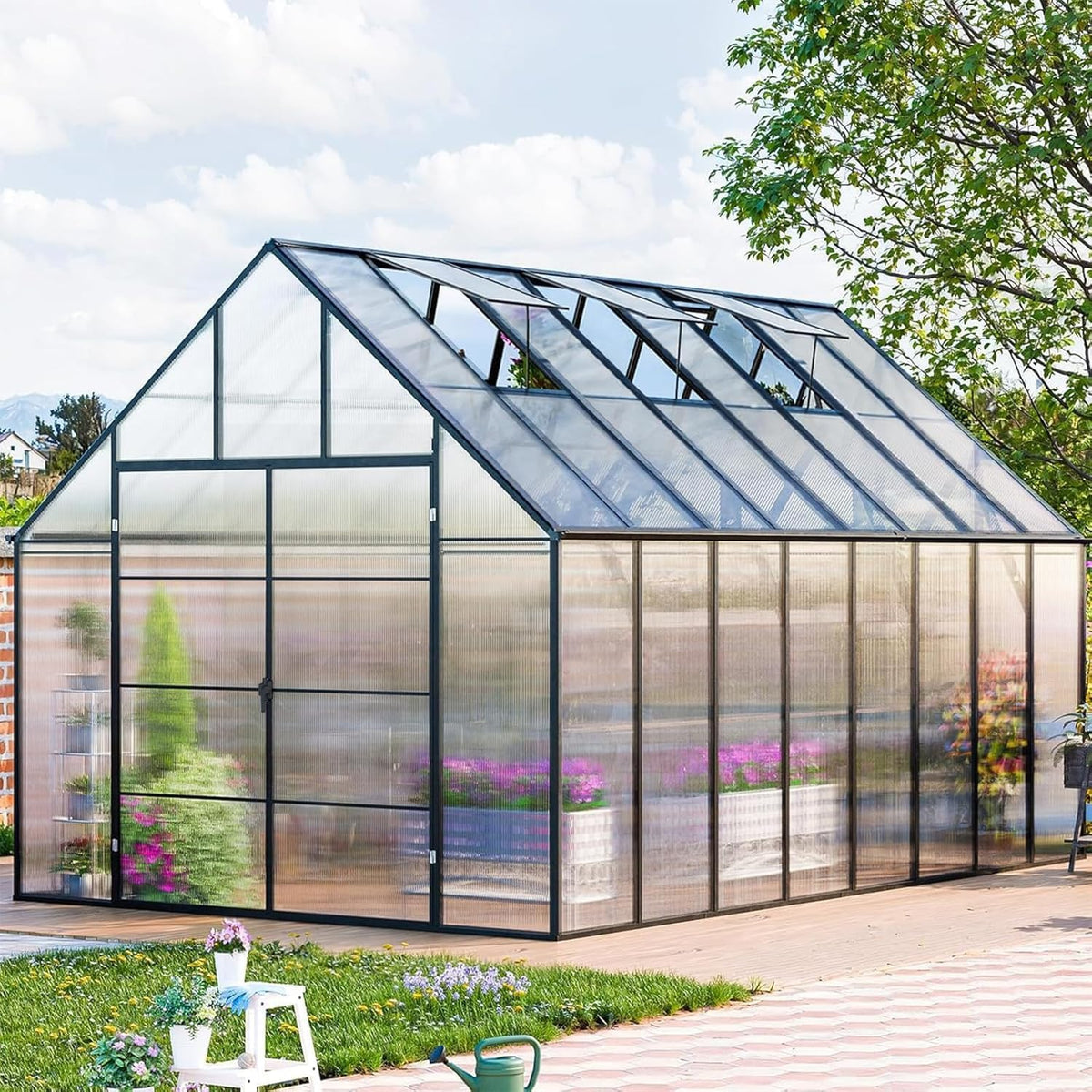 CDCASA 16.5x10.2x10 FT Greenhouse for Outdoors,Easy Assembly Large Polycarbonate Greenhouse Aluminum Greenhouses w/3 Vents Window, Swing Door, Walk-in Green House for Patio, Backyard, Garden, Black
