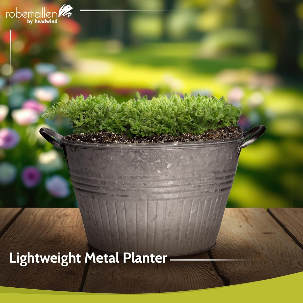 Headwind Round Galvanized Tub Planter with Handles – 14 Inch Lightweight Metal Planter with Drainage Hole – Galvanized Steel Tub for Plants - Metal Flower Pot by Robert Allen