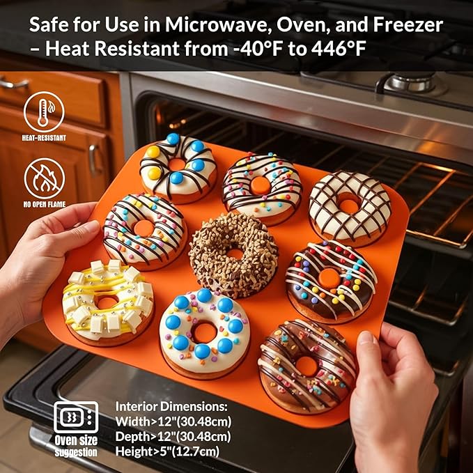Large Silicone Donut Pan for Baking, 9 Cavity Non-Stick Food Grade Silicone Donut Molds, Doughnut Pan and Bagel Pans for Baking & Kitchen, BPA Free 11.2 x 11.1 Inches, Dishwasher Safe - Orange