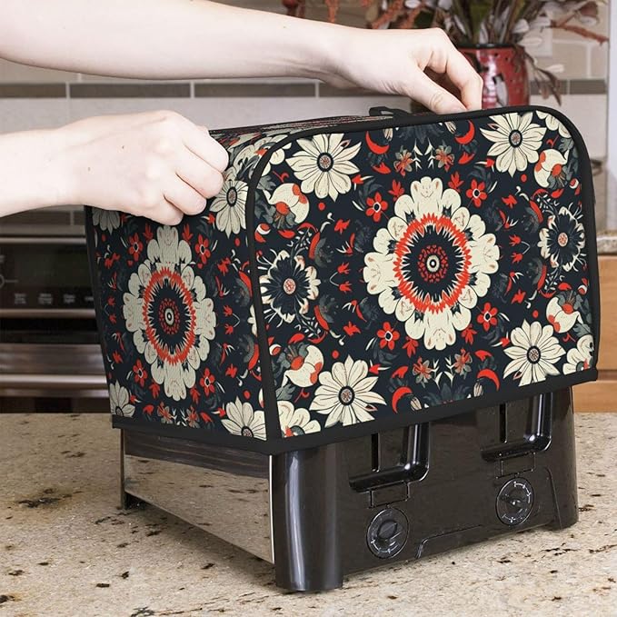Antique Floral Tile Toaster Cover 2 Slice, Cute Rural Bread Machine Cover, Washable Dust-Proof Cover for Kitchen Small Appliance Cover,with Top Handle