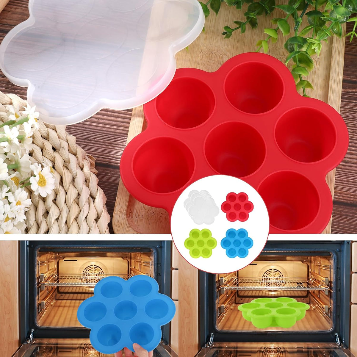 3 Pcs Egg Bites Silicone Mold Air Fryer Accessories Food Grade Big 7 Cups Mini Muffin Pan Food Silicone Freezer Molds with Lid for Baking Egg Bite Cupcake Mini Muffins Tart Bread