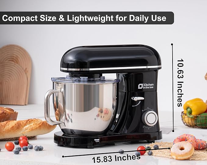 Kitchen in the box Stand Mixer - 8.5 Quart Mixing Bowl with Handle, 900 Watt Heavy Bread Dough Standing Mixers Tilt-head with Dough Hook, Whisk, Flat Beater and Splash Guard (Black)