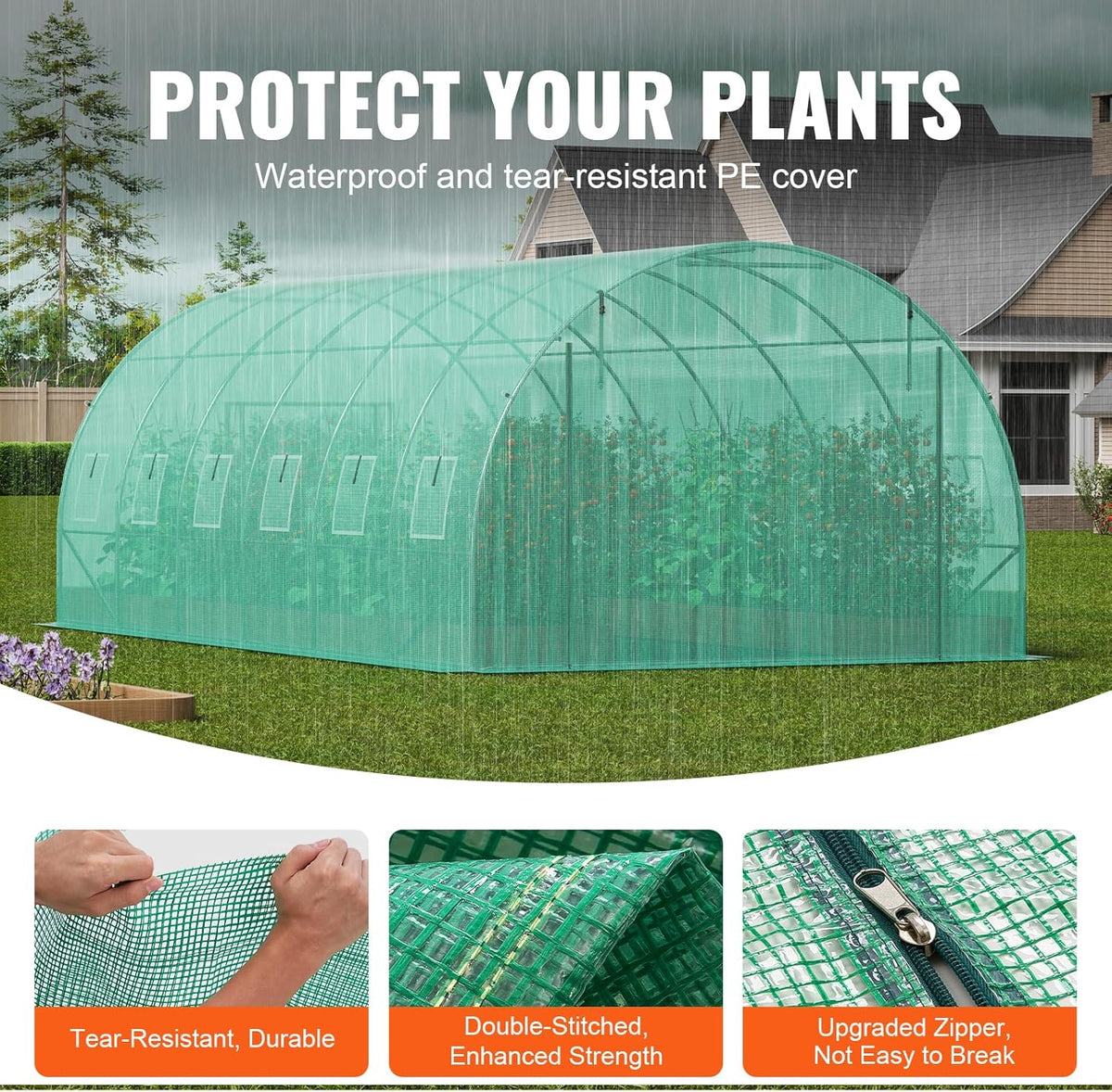 VEVOR Walk-in Tunnel Greenhouse, 19.4x9.7x6.5 ft Hoop House Greenhouse Tunnel, Plant Hot House with Galvanized Steel Frame, Green PE Cover, Roll-up Zipper Door and 12 Windows for Outdoor