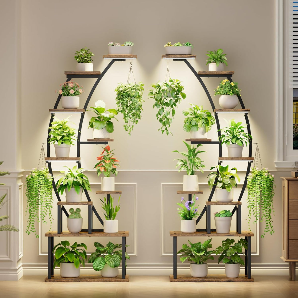 Plant Stand Indoor with Grow Lights, 9 Tiered Metal Plant Shelf, 64" Tall Plant Stand for Indoor Plants Multiple, Large Plant Rack Display Shelves, Curved Plant Holder for Living Room, Patio