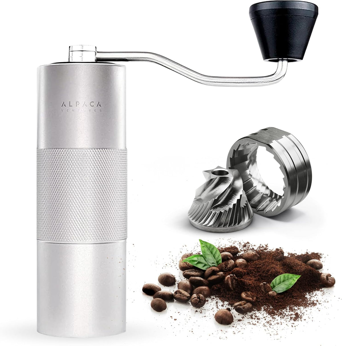 Manual Coffee Grinder by Alpaca Ventures - Stainless Steel Conical Burr Coffee Grinder Manual with Adjustable Setting Double Bearing Hand Espresso Grinder Perfect for Home, Office and Camping