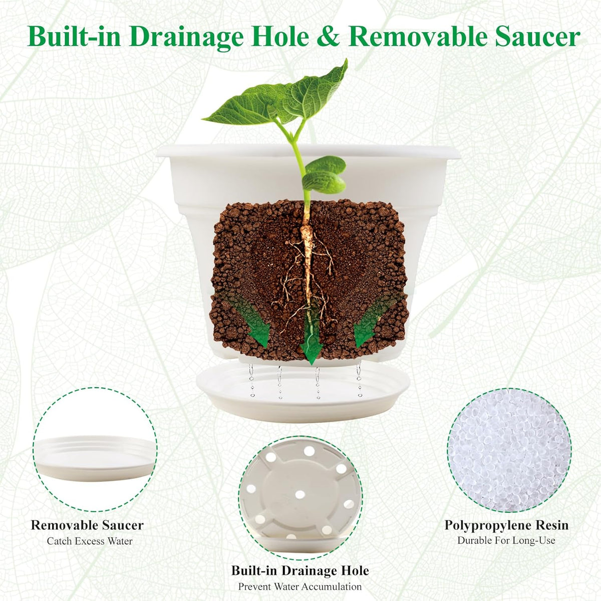 11 Inch Plastic-Flower-Pot-for-Indoor-Plants, 4 Pack Large Outdoor Planter Pot with Drainage Holes & Saucers, Resin Decorative Garden Pots Planters