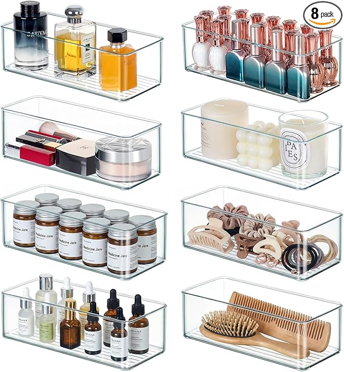 8 PACK Drawer Organizer Bins Bathroom Deep Drawer Organizer Tray for Cutlery Vanity Make-up, Clear Stackable Storage Bins for Kitchen Cabinet Closet Counter Organization and Storage