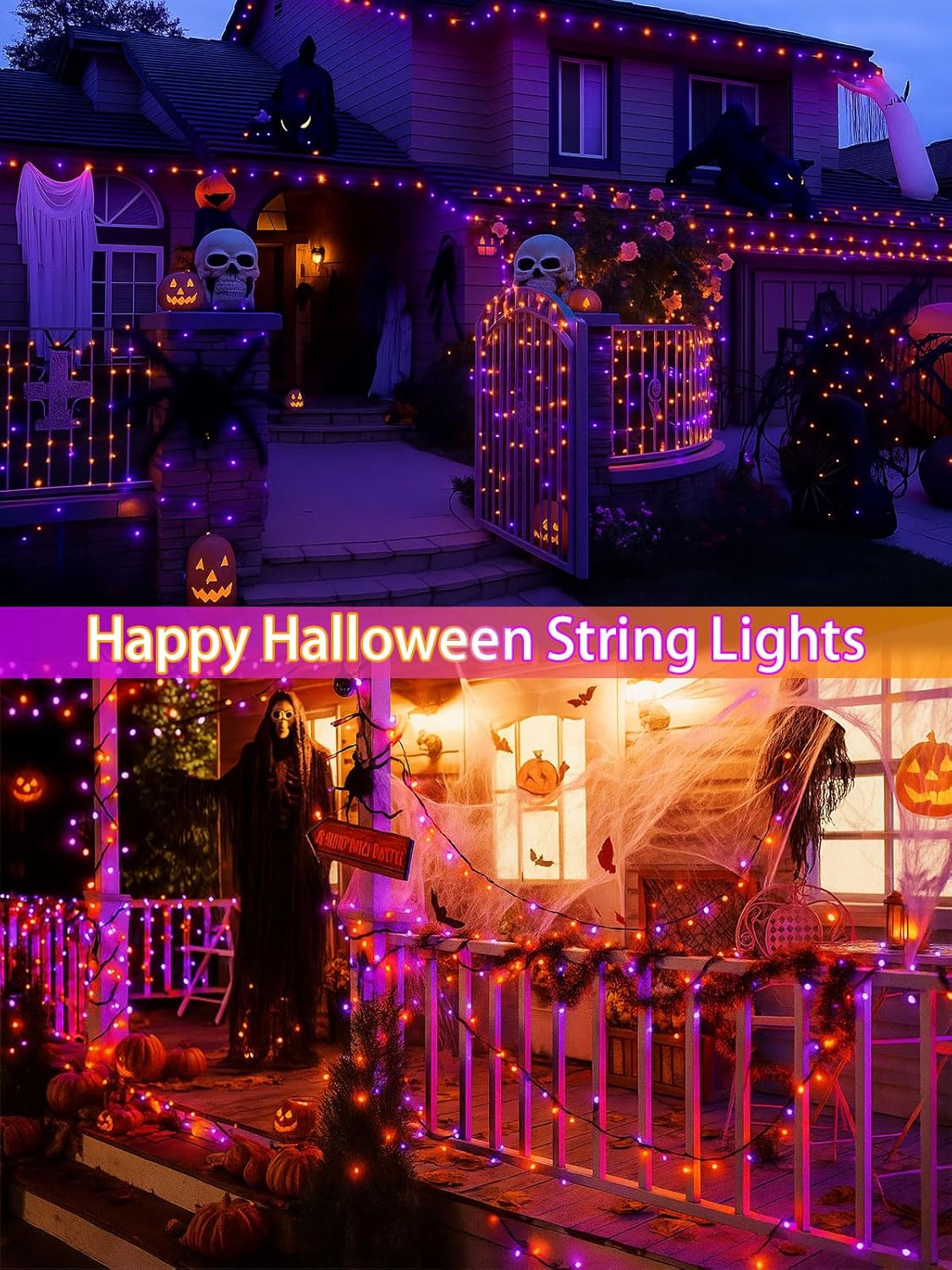 4 Pack 180FT Halloween Solar Lights Outdoor Waterproof, 320LED Orange and Purple Solar String Lights Green Wire 8 Modes, Solar Fairy Twinkle Lights for Halloween Tree Garden Horror Party Decorations