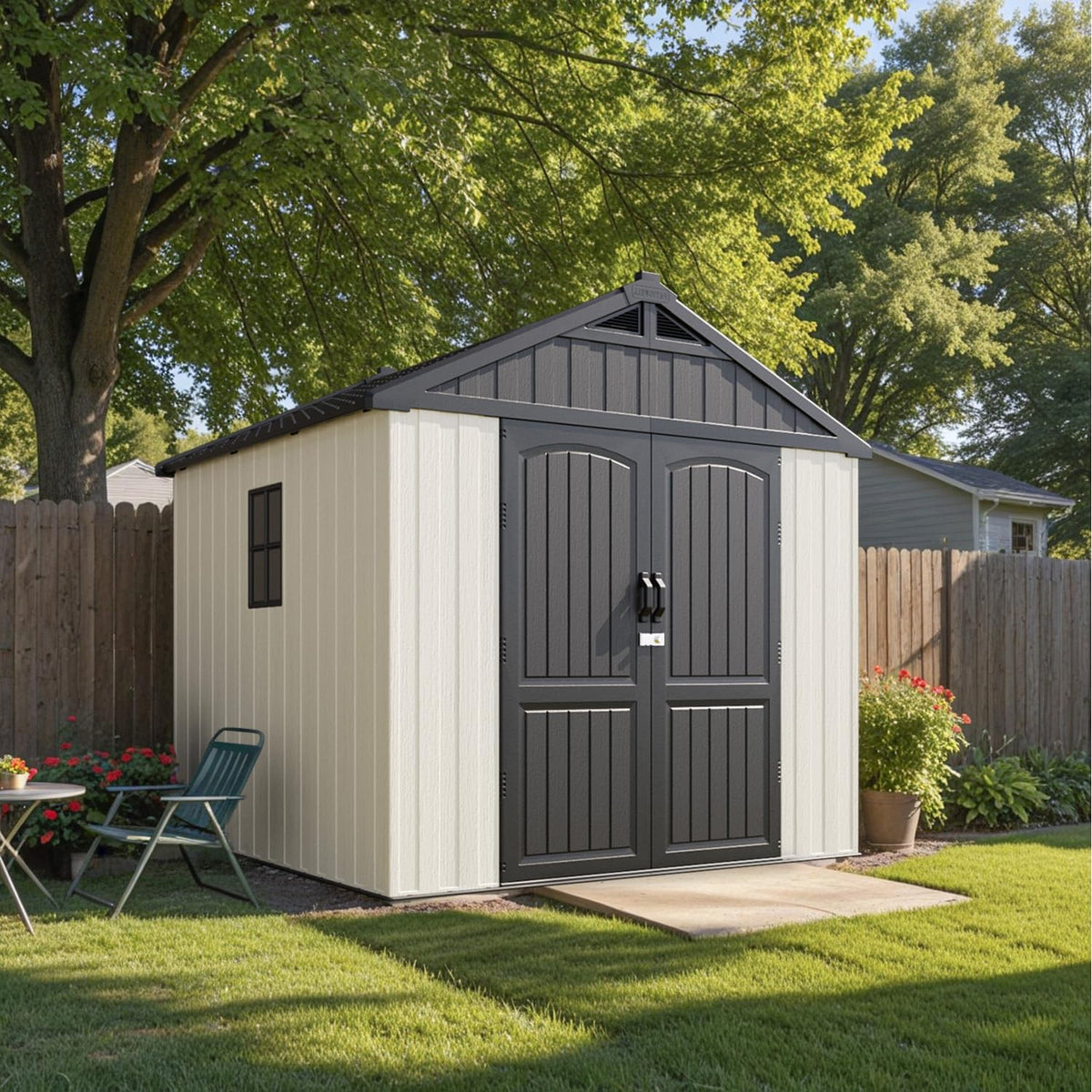 Patiowell 8 x 8 FT Resin Outdoor Storage Shed with Floor, Large Shed with Light and Lockable Door for Garden, Backyard, Tool Storage Use, Easy to Install in Beige (Kick-it Shed)