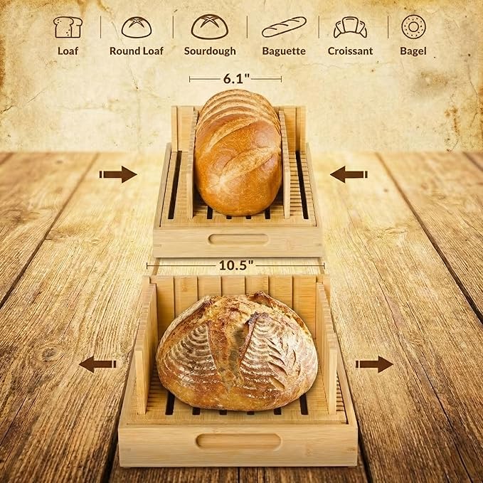 Bread Slicer for Homemade Bread - 10.5" Adjustable Sourdough Slicer with Crumb Catcher & Serving Tray - Stable Wood Bread Cutter Guide for Kitchen