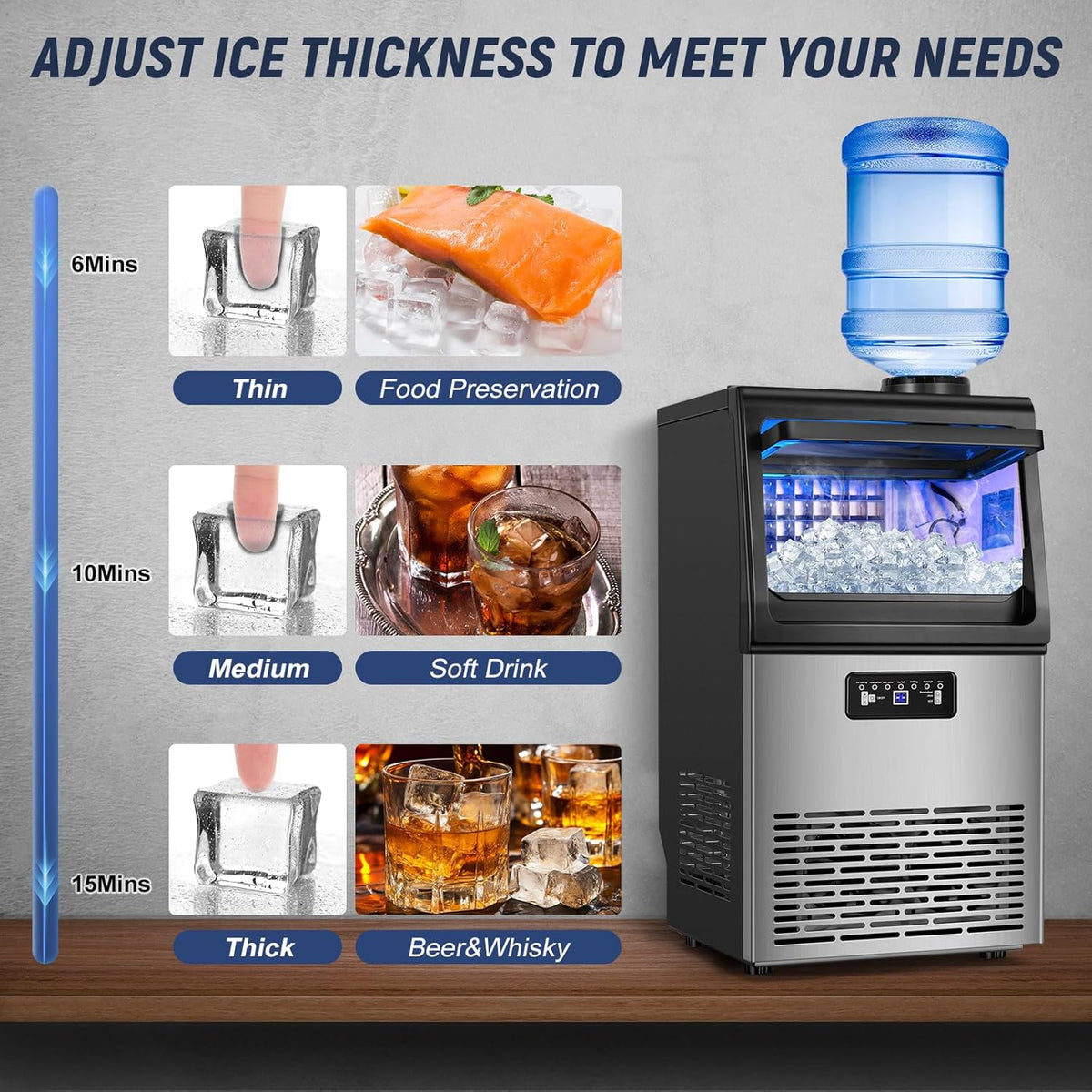 Commercial Ice Maker Machine 100LBS/24H with 20LBS Storage Bin, Gallon Water & Facuet Water Inlet, 36PCS 15" Wide Undercounter/Freestanding Ice Maker Machine for Home Bar Outdoor, Self Cleaning