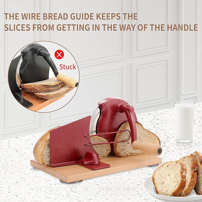 CAWIU Manual Bread Slicer with Hand Crank- Adjustable Thickness Bread Cutter for Even Slices, Perfect for Homemade Sourdough, Sandwich, and More, Red