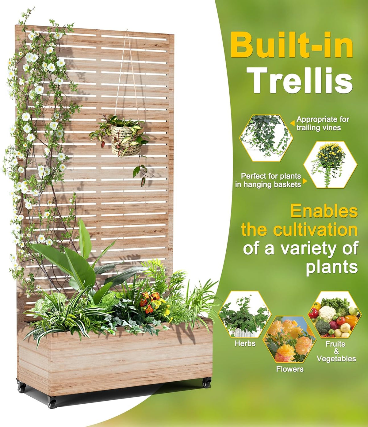 FENCY Metal Raised Garden Bed with Wheels and Trellis,73"x35"x16" Planter Box for Climbing Plants, Vegetables & Vines, Features Privacy Screen and Drainage Holes (Acacia Wood Finish)