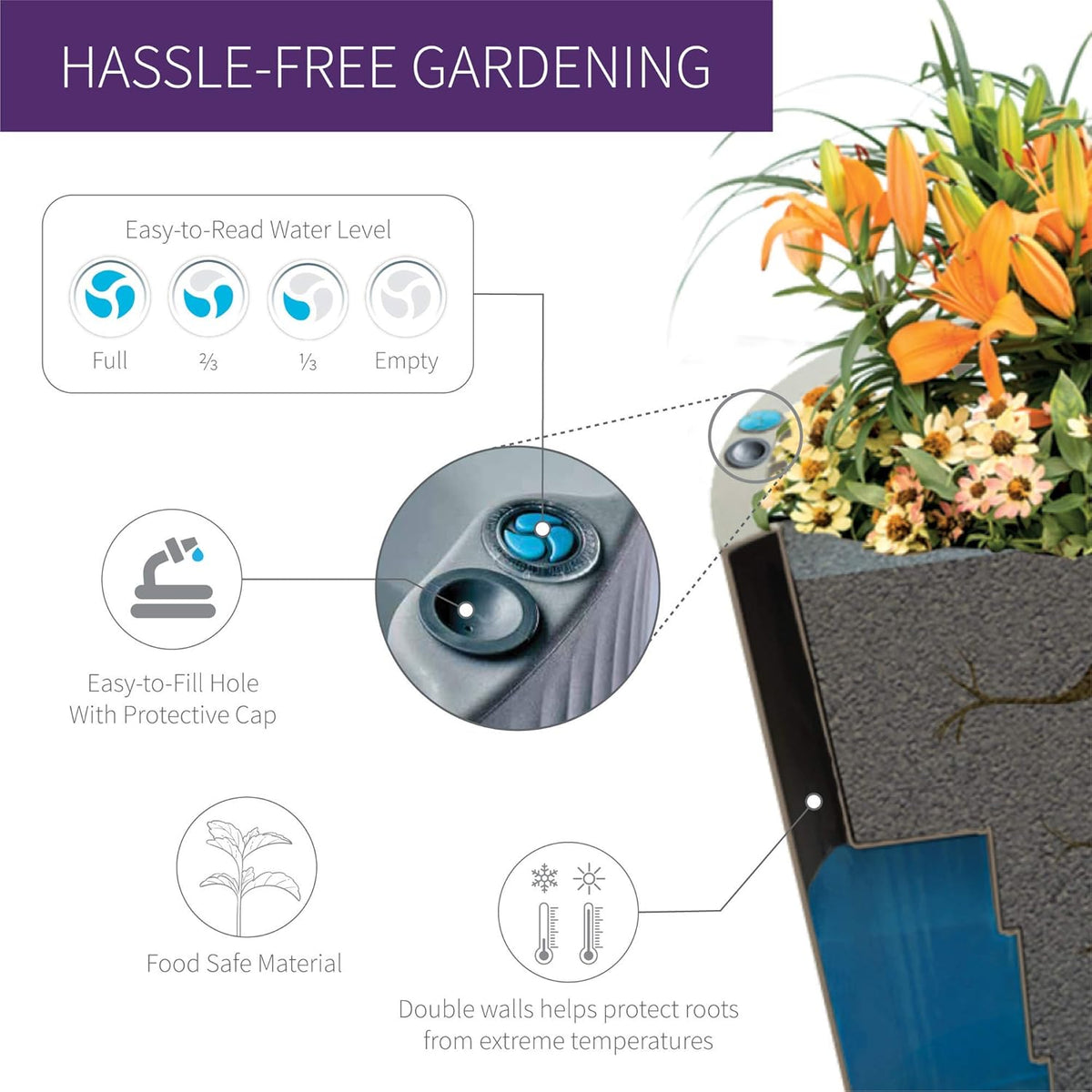 Crescent Garden Dot TruDrop Indoor/Outdoor Planter, Self-Watering Modern Plant Pot, 16 Inches, (Ash)