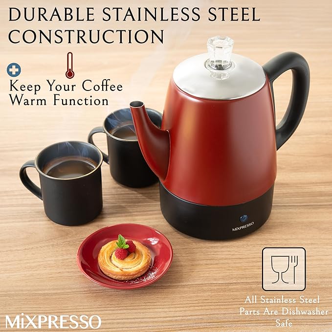 Mixpresso Red Small Electric Percolator Coffee Pot 4 Cup Stainless Steel - Coffee Percolator Electric with Keep Warm Function - Auto Shut-Off for Safe Daily Brewing